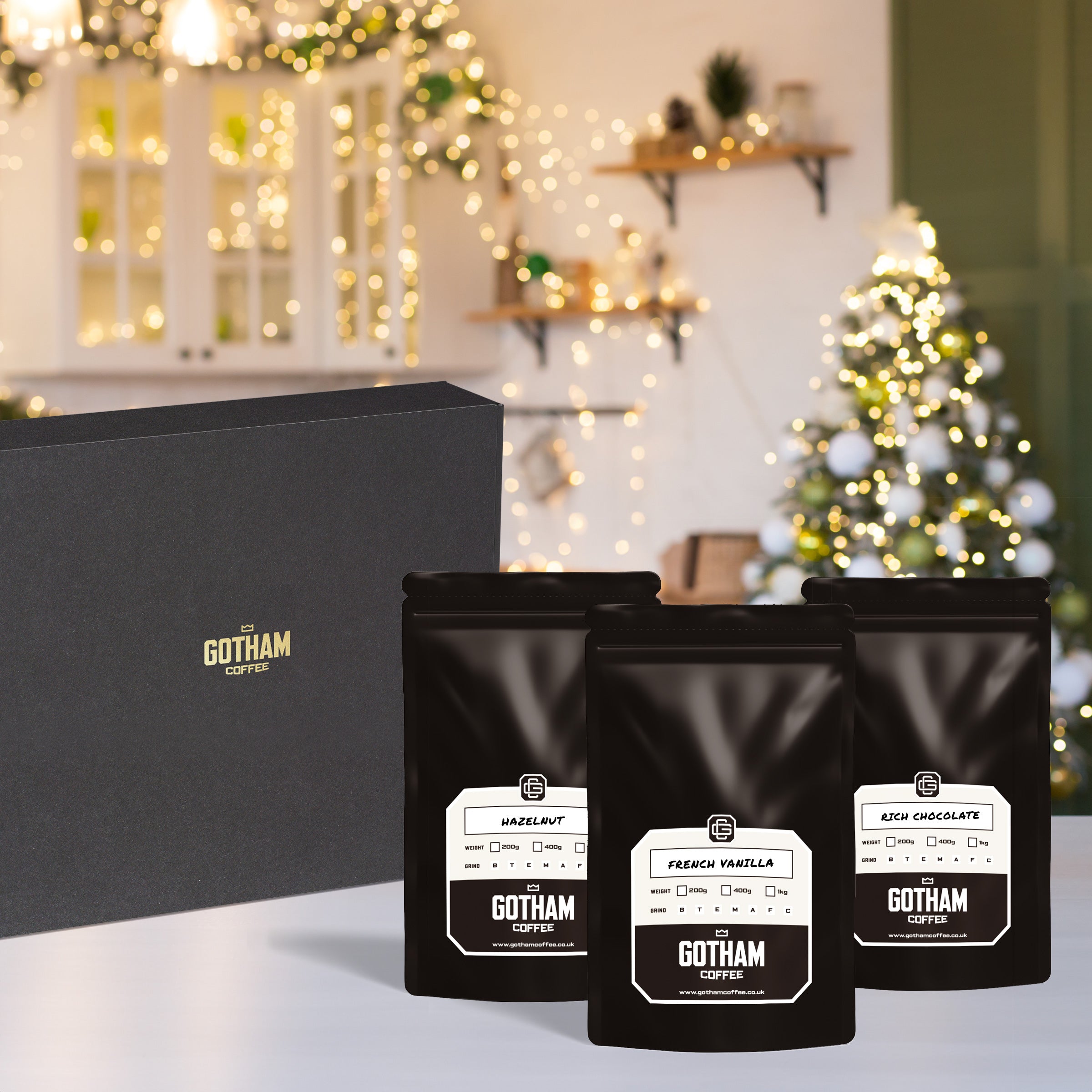 Gotham Coffee packages on a table with a festive background
