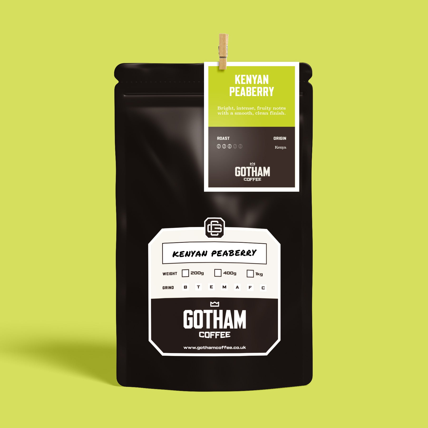 Gotham Coffee Kenyan Peaberry coffee bag on a green background