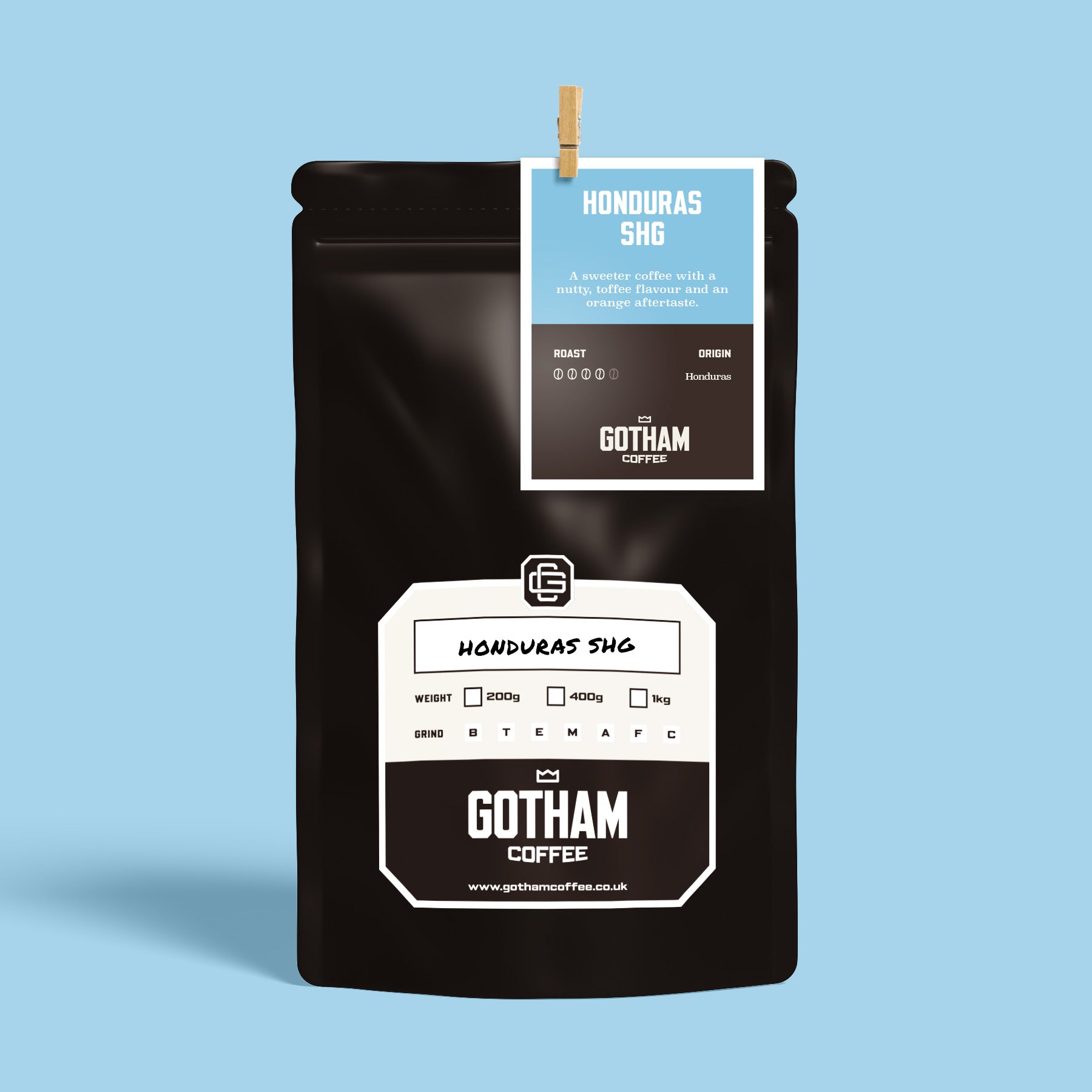 Gotham Coffee Honduras SHG coffee package on a light blue background